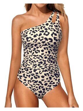 One Shoulder One Piece Swimsuit Tummy Control Leopard Full Coverage Keyhole